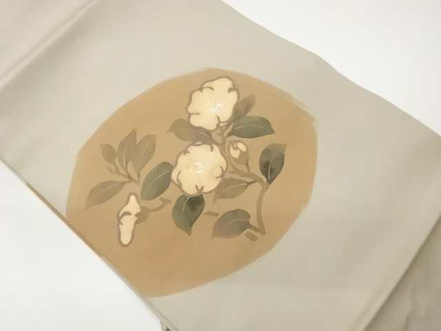 作家物　塩瀬手描き金彩丸に抽象椿模様名古屋帯